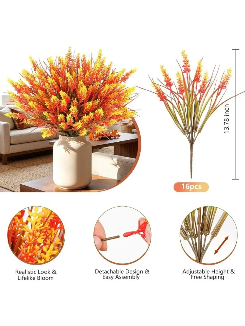 16 Bundles Fall Orange Lavender Flowers & Monkey Grass - UV Resistant Faux